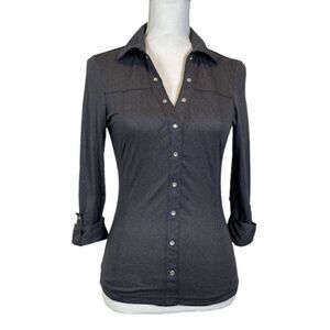 Jet Set Pearl Snap Collared Blouse Roll Sleeve Charcoal Stretchy Size Medium
